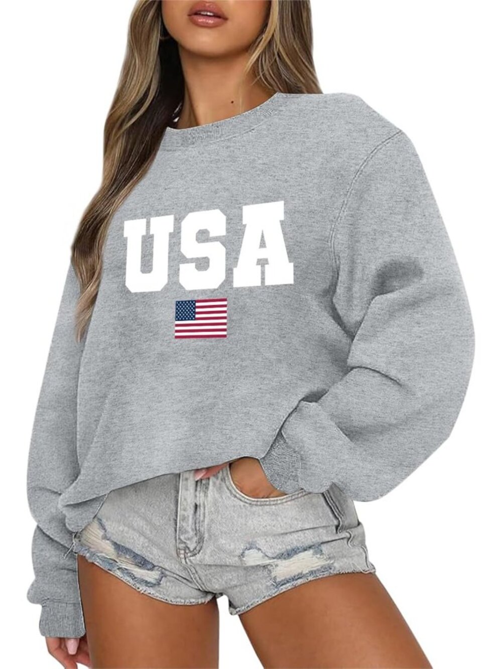 Oversized American Flag Graphic Sweatshirt for Women | Cozy Cotton Pullover